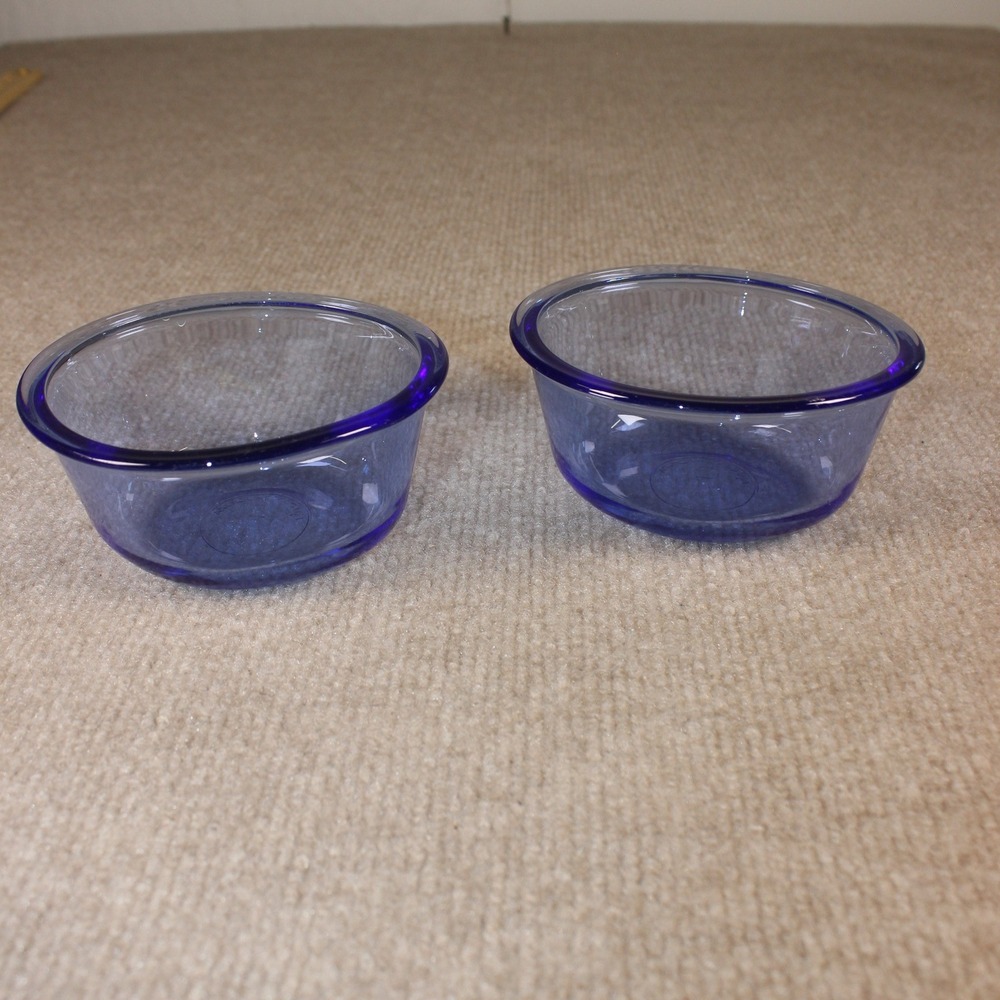 Pyrex Cobalt Blue Glass Custard Cups Ramekins Set of 2 Round 6oz 10oz 4.25in
